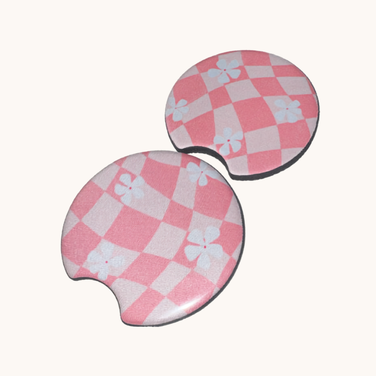 Pink Wavy Floral Checkered Car Coaster Set