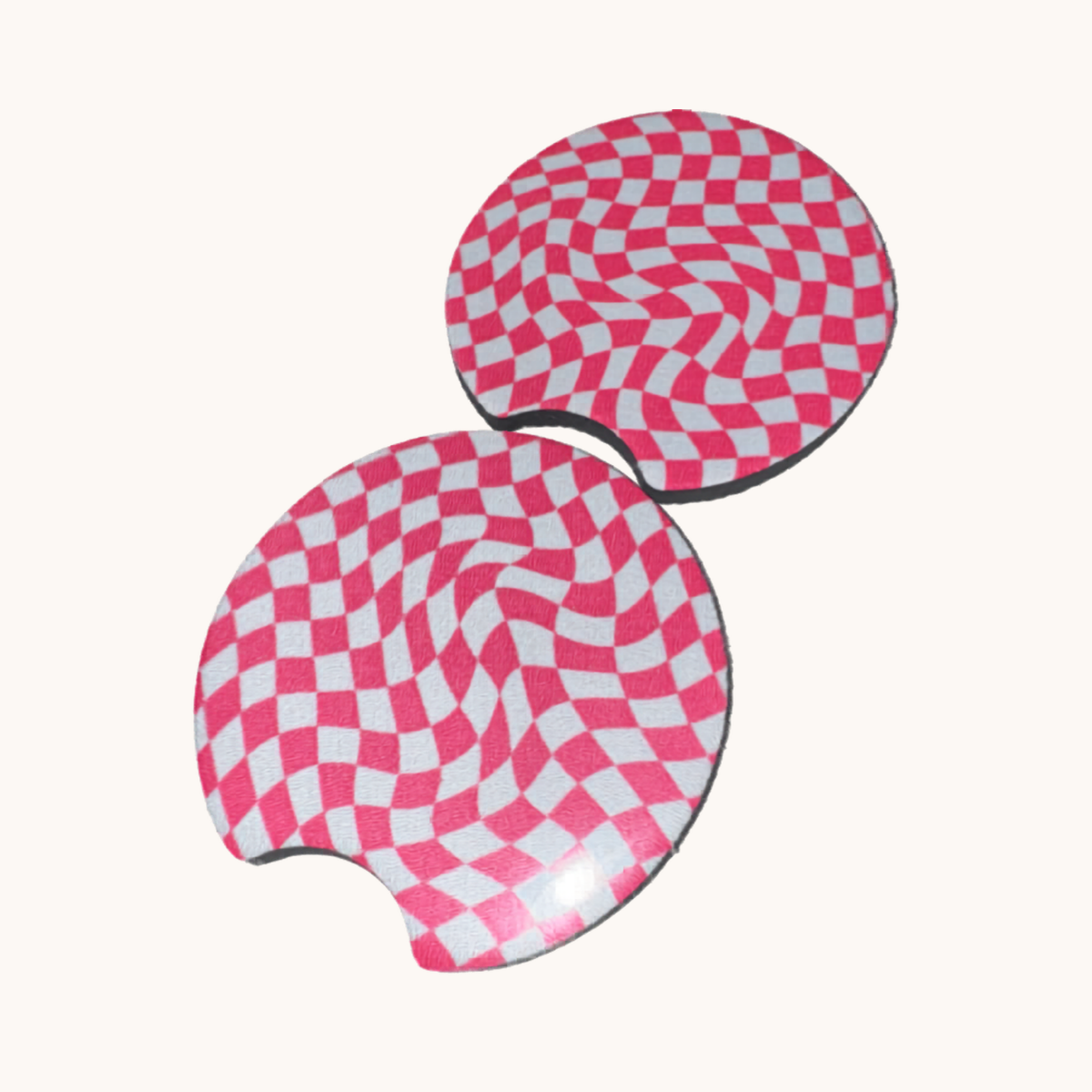 Hot Pink Wavy Checkered Car Coaster Set