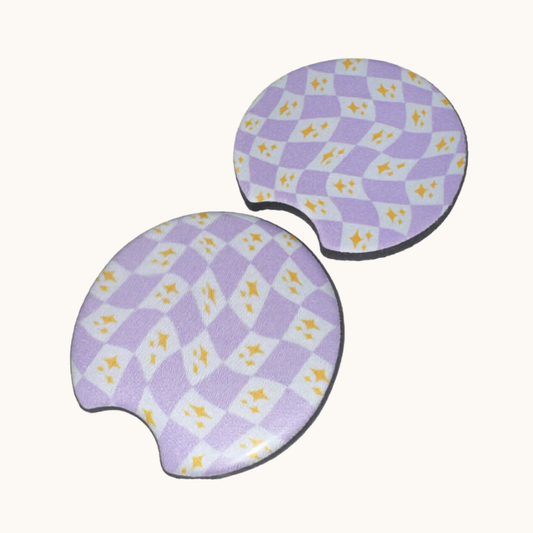 Purple Wavy Checkered Car Coaster Set