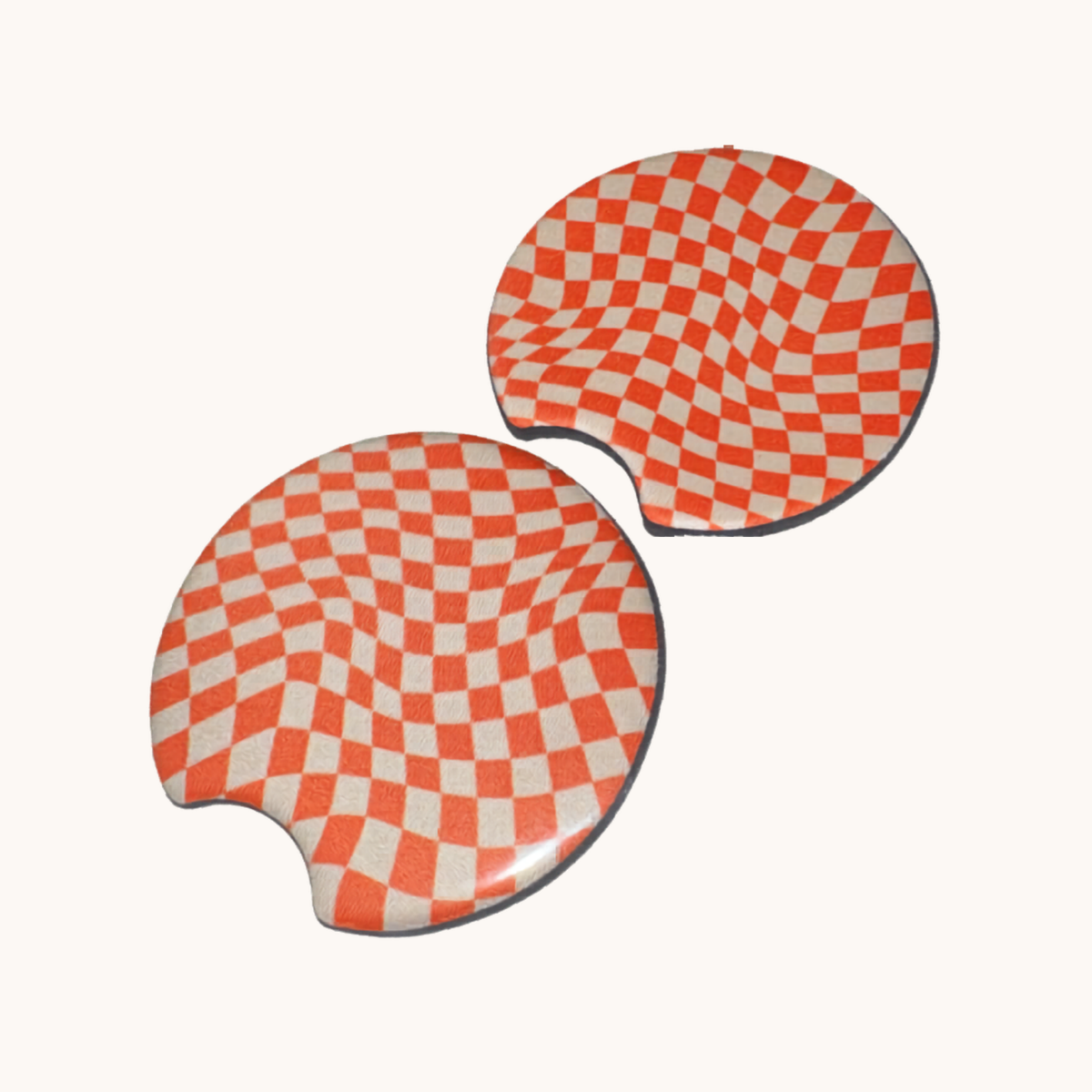 Tangerine Wavy Checkered Car Coaster Set