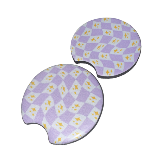 Purple Wavy Checkered Car Coaster Set