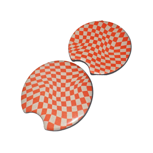 Tangerine Wavy Checkered Car Coaster Set