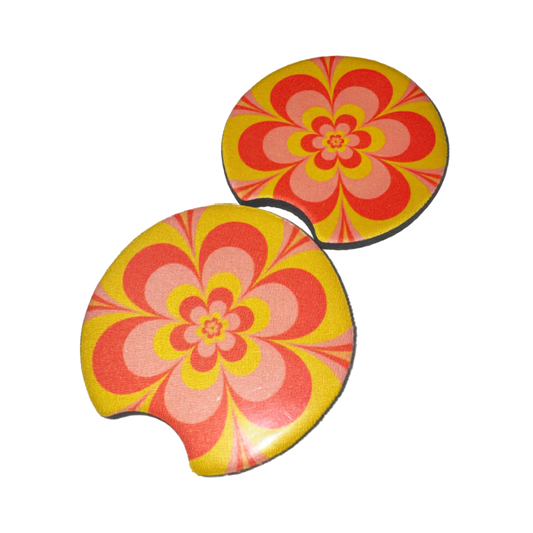 Tangerine Retro Flower Car Coaster Set