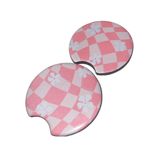 Pink Wavy Floral Checkered Car Coaster Set