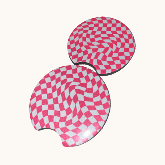 Hot Pink Wavy Checkered Car Coaster Set