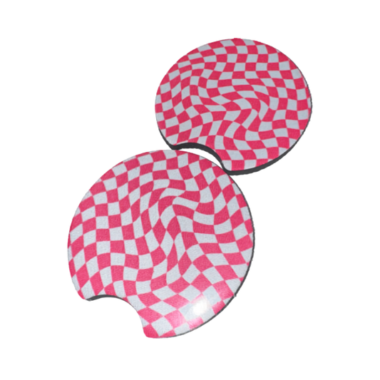Hot Pink Wavy Checkered Car Coaster Set